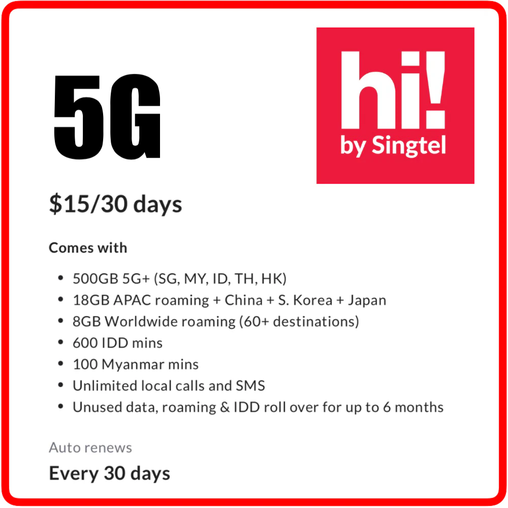 hi! Postpaid by Singtel $15 5G (30 Days)