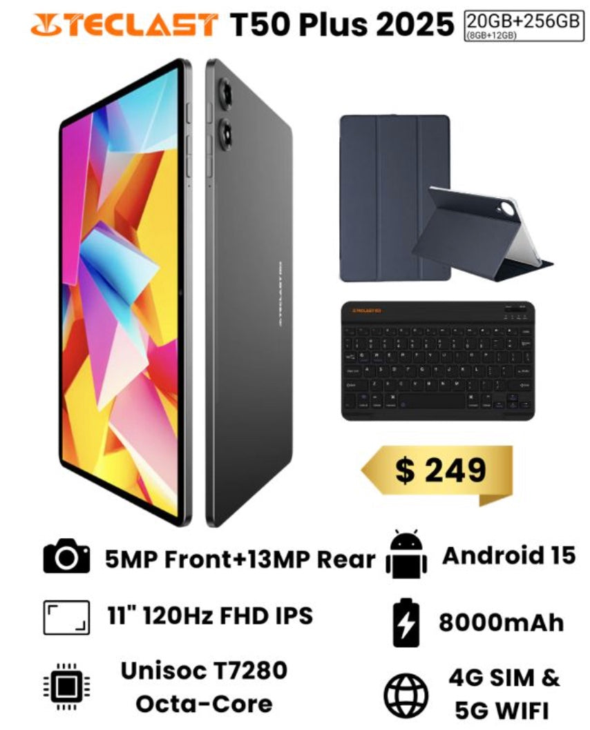 Teclast T50 Plus 4G 2025 (256GB/8GB+20GB) Free Case + Bluetooth Keyboard!