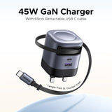 UGREEN 45W 3 Ports GaN Retractable 69cm Cable USB A USB C Fast Charger for iPhone 16 Pro Max,15,14