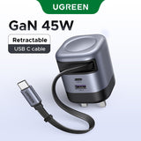 UGREEN 45W 3 Ports GaN Retractable 69cm Cable USB A USB C Fast Charger for iPhone 16 Pro Max,15,14