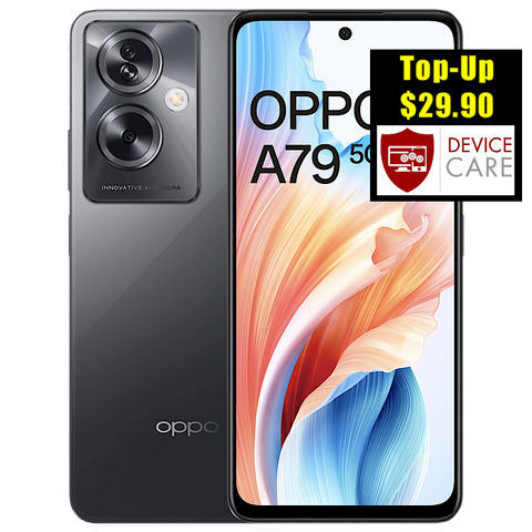 Oppo A79 5G<div style="font-size:80%">(256GB/8+8GB RAM)<br><font color="red">Free $30 NTUC Voucher<BR>+ Free Gift!</font></div>