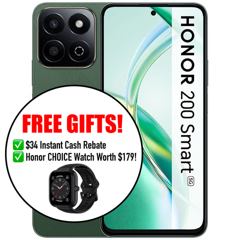 <div style="font-size:80%"><font color ="red">$34 Rebate + Free Honor Watch!</font><br>Honor 200 Smart 5G<br>(256GB/8GB+8GB RAM)</font></div>