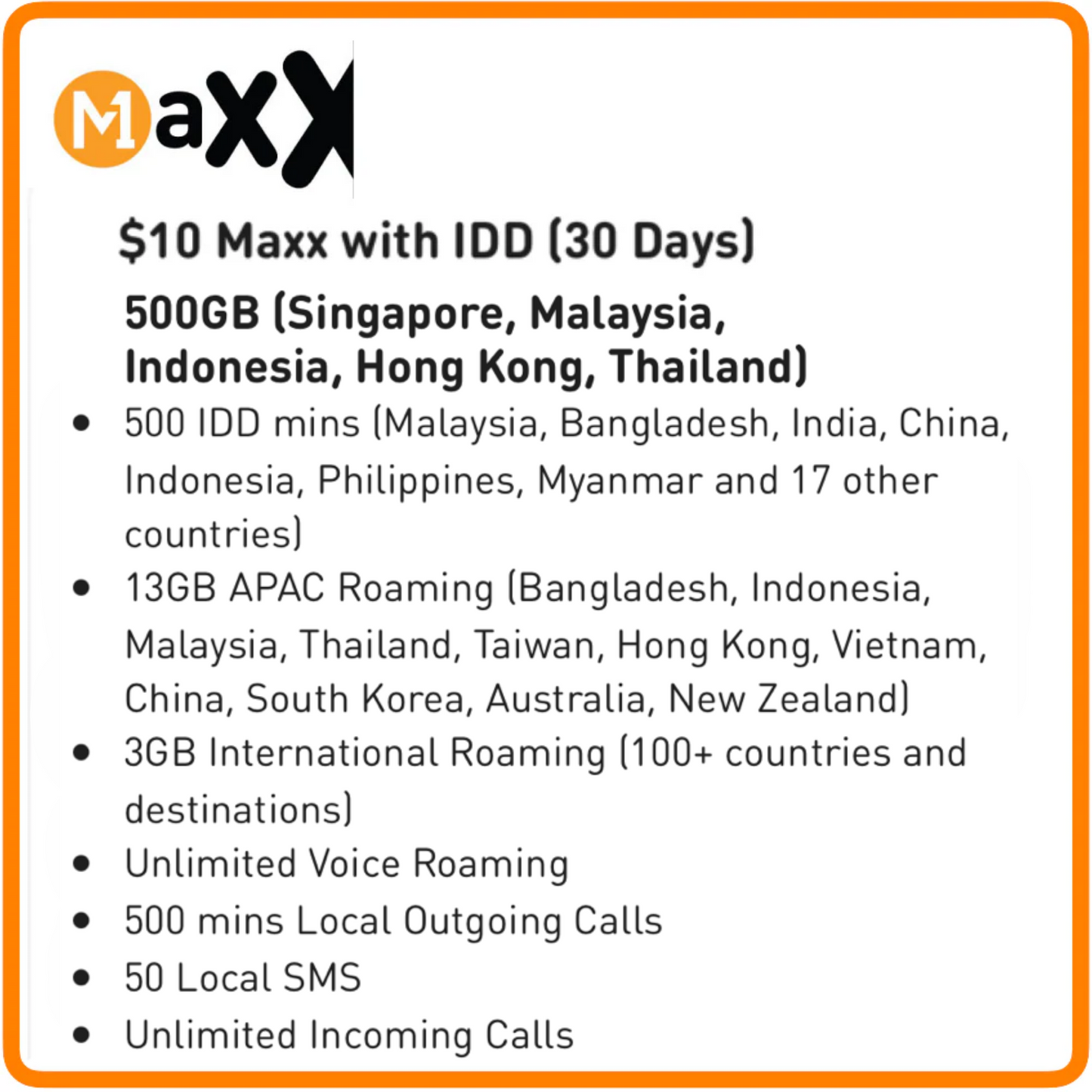 M1 Maxx $10 with IDD (30 Days)