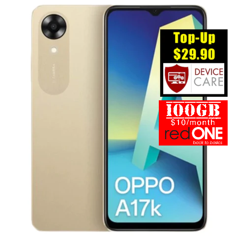 Oppo A17k<div style="font-size:80%">(64GB/3GB RAM)<br><font color="red">Free $10 NTUC Voucher<br>+ Free gift!</font></div>