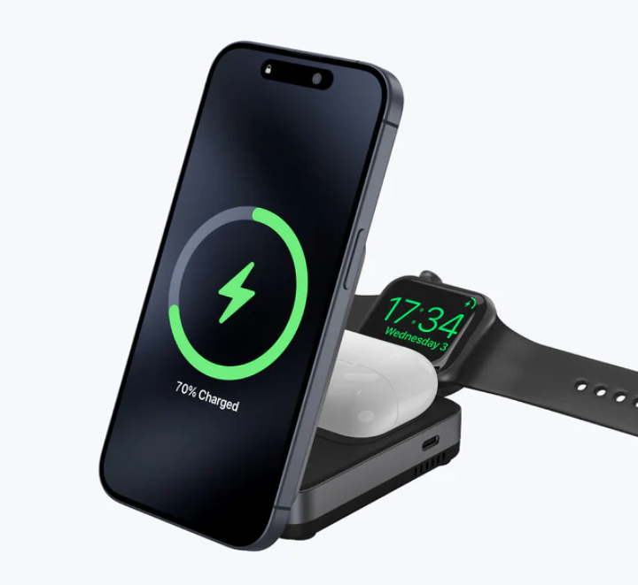 Mazer MagFold Trio Qi2 Certified 15W Foldable 3-in-1 Wireless Charger