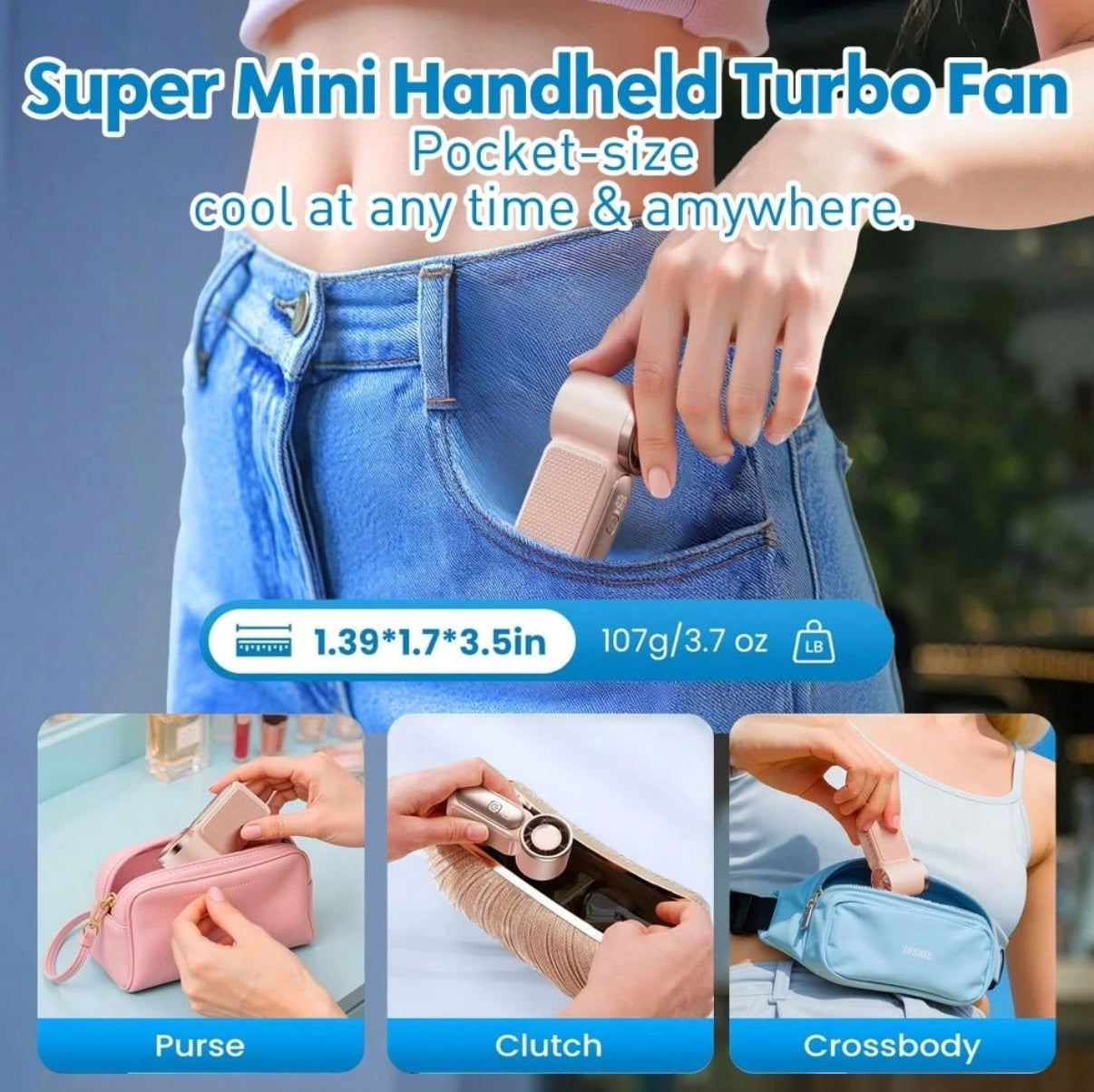 Mini Handheld Fan 100-Steps High Speed (3000mah)